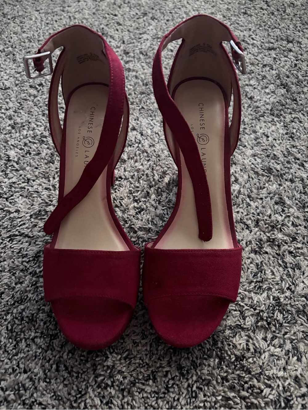 Chinese Laundry Wine Red Suede Strappy Open-Toe Heels